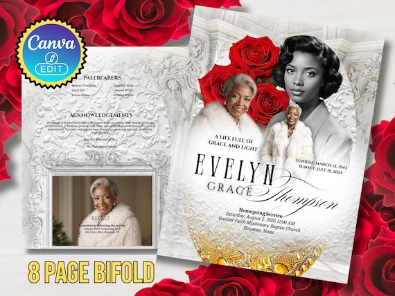 Funeral Program Template: Red Obituary, Celebration of Life (Canva, 8.5x11, 8-Page)