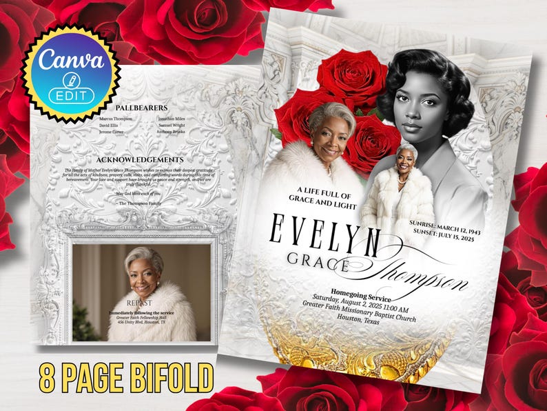 May include: An 8-page bifold memorial card with a portrait of a woman, red roses, and decorative elements. The card includes the text "EVELYN GRACE Thompson" and details for a Homegoing Service.
