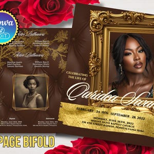 Puede incluir: Una tarjeta conmemorativa plegable de 8 páginas en marrón y dorado. La tarjeta presenta un retrato de una mujer en un marco dorado, con el texto "Celebrating the Life of Ouridea Awan". El diseño incluye detalles florales y el logotipo de Canva edit.