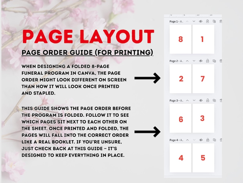 May include: A guide for printing a folded 8-page funeral program. The image shows the page order for printing, with numbered pages arranged to fold into a booklet. Text includes "Page Layout" and "Page Order Guide (For Printing)".