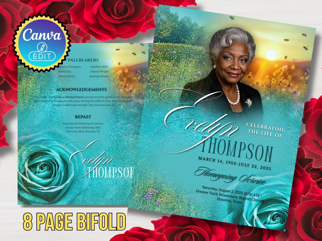 Teal Funeral Program Template Celebration of Life Obituary (canva, 8