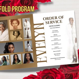 May include: A bi-fold program with the name "Evelyn" in large, vertical text. The left side features a collage of photos. The right side displays "Order of Service" and event details. The background is white with red roses.