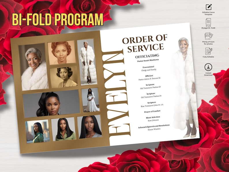 May include: A bi-fold program with the name "Evelyn" in large, vertical text. The left side features a collage of photos. The right side displays "Order of Service" and event details. The background is white with red roses.