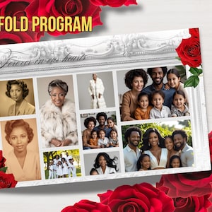 May include: A bi-fold program template with a white ornate frame, featuring family photos and the text "Forever in our hearts." Red roses adorn the corners. The top text reads "BI-FOLD PROGRAM."