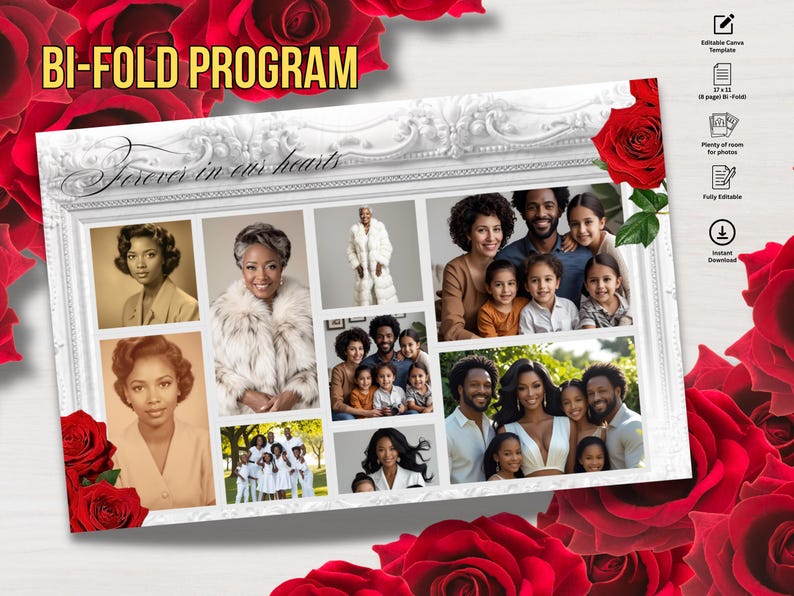 May include: A bi-fold program template with a white ornate frame, featuring family photos and the text "Forever in our hearts." Red roses adorn the corners. The top text reads "BI-FOLD PROGRAM."