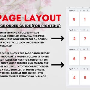 May include: A guide for printing a folded 8-page funeral program. The image shows the page order for printing, with numbered pages arranged to fold into a booklet. Text includes "Page Layout" and "Page Order Guide (For Printing)".