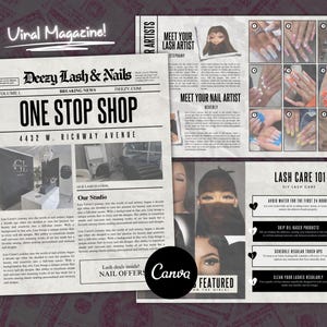 May include: A newspaper-style magazine with the title "Deezy Lash & Nails: One Stop Shop" and a photo of a lash artist. The magazine also includes information about lash and nail care, including a section on lash care 101.