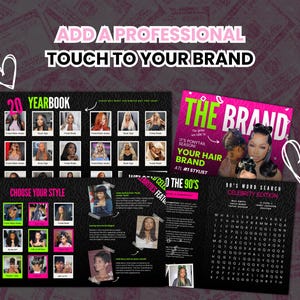May include: A pink and black promotional flyer for a hair salon called "The Brand". The flyer features a yearbook-style grid of photos of women with different hairstyles, a word search puzzle, and the text "It's ponytail season! Your hair brand. ATL #1 stylist. Hello to the 90's."