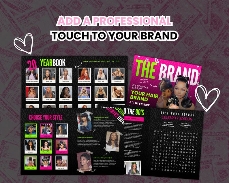 May include: A pink and black promotional flyer for a hair salon called "The Brand". The flyer features a yearbook-style grid of photos of women with different hairstyles, a word search puzzle, and the text "It's ponytail season! Your hair brand. ATL #1 stylist. Hello to the 90's."