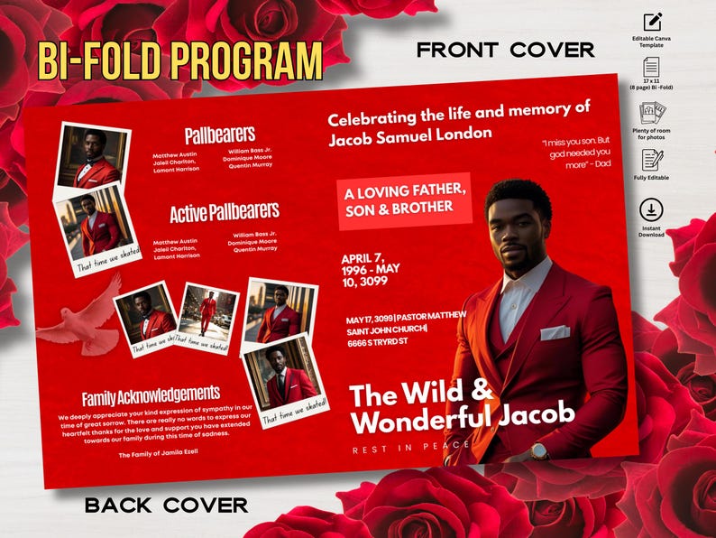 Red & White Funeral Program Template: Canva Obituary (8.5x11, 8-page ...