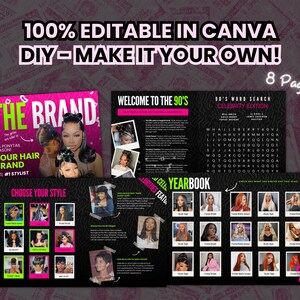 May include: A pink and black digital planner with the title "The Brand" and the text "It's ponytail season, Your Hair Brand, ATL #1 Stylist". The planner has a grid of images of women with different hairstyles. The planner also includes a page with a word search puzzle titled "90's Word Search Celebrity Edition".