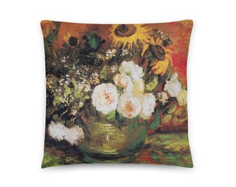 Ciotola con girasoli e rose di Vincent van Gogh, cuscino decorativo floreale