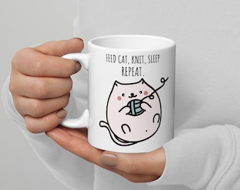 Funny Cat Knitting Themed Coffee Mug Knitter Gift Cute