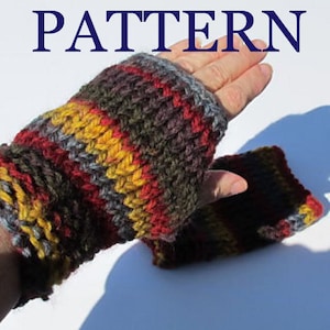 May include: Striped knit fingerless gloves in red, yellow, gray, and brown. The gloves are shown on a hand with the fingers extended.