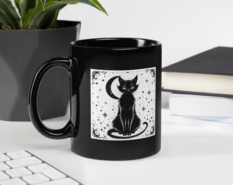 Black Cat Fantasy Glossy Mug Cat Lover Gift Halloween