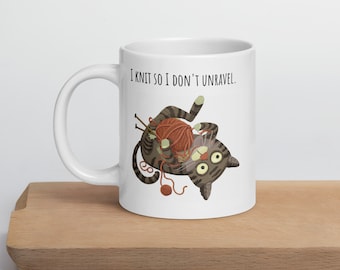 I knit so I don't unravel Lustige Stricktasse Niedliche Katze Stricker Geschenk Kaffeetasse