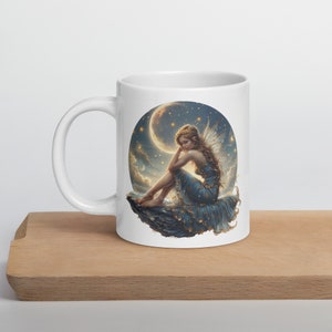 Fairy and Moon Themed White Coffee Mug with Fairies Cute Gift