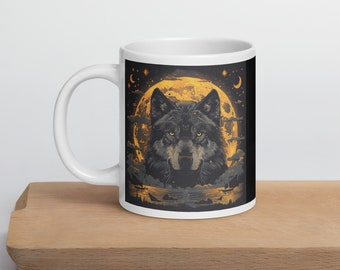 May include: White ceramic coffee mug with a black wolf silhouette in front of a large, yellow moon. The moon is surrounded by a dark blue sky with white stars and crescent moons.