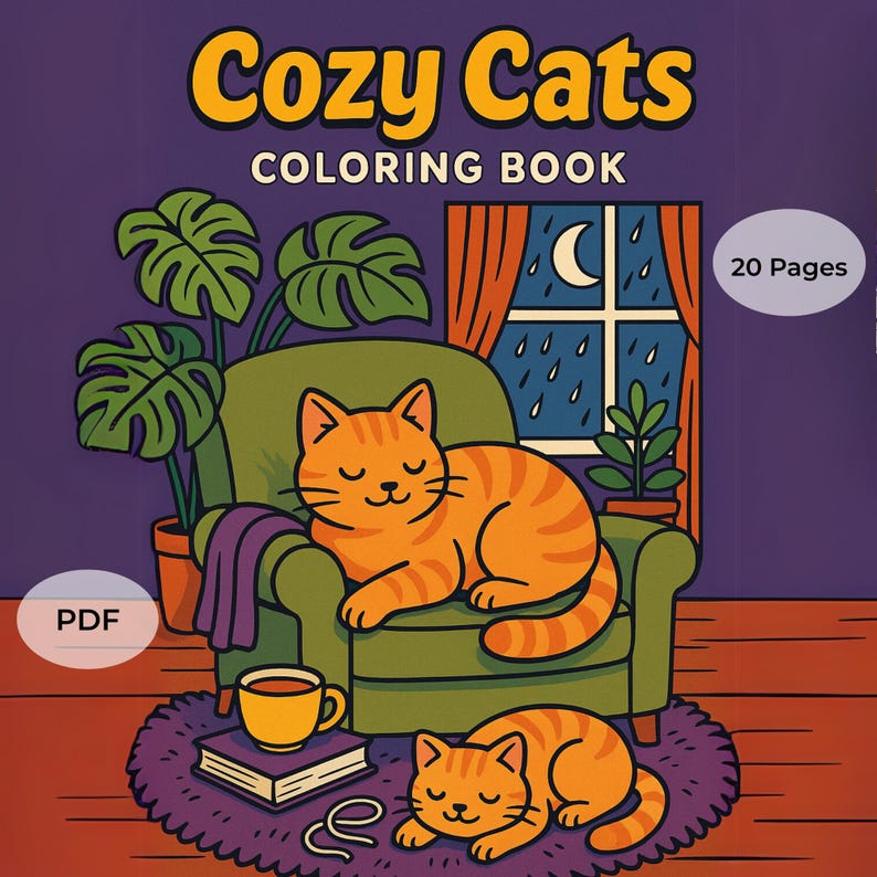 May include: A coloring book with a purple cover featuring two orange cats in a green armchair. The title of the book is "Cozy Cats Coloring Book" and the text "20 Pages" is in the top right corner. The image also includes a cup of tea, a book, and a ball of yarn.
