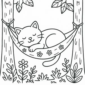 May include: A black and white line drawing of a cat sleeping in a hammock between two trees. The hammock has a floral pattern and the cat is curled up with its eyes closed.
