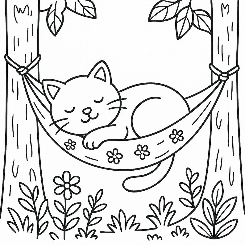May include: A black and white line drawing of a cat sleeping in a hammock between two trees. The hammock has a floral pattern and the cat is curled up with its eyes closed.