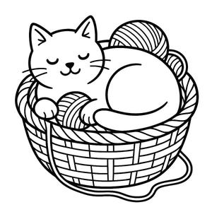 May include: A black and white line drawing of a cat sleeping in a basket with yarn balls. The cat is curled up with its paws tucked under its chin and its eyes closed. The basket is woven and has a handle.