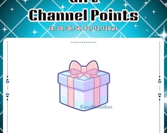 Puede incluir: Gráfico digital con las palabras "Gift Channel Points" en una fuente pixelada. Una caja de regalo azul claro con un lazo rosa está centrada sobre un fondo blanco. La imagen incluye el texto "18, 28, 36, 56, 72, 112, 128 px" y "Kenshistudios".