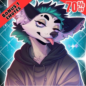 May include: Digital art of a furry character with white, black, and green fur, wearing a black hoodie. The character has its tongue sticking out. Text in the upper left corner reads "BONUS 1 EMOTES" and in the upper right corner "70% OFF". The background is a blue grid.