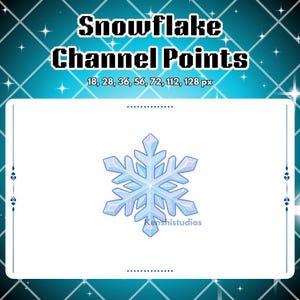 May include: A digital graphic with the text "Snowflake Channel Points" and pixel sizes. A light blue snowflake is centered on a white background. The background is a teal color with a diamond pattern and stars.