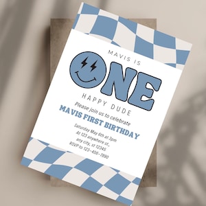 Blue One Happy Dude First Birthday Invitation Template | Retro Smiley Face Party Invite | Digital Download