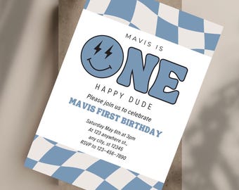 Retro One Happy Dude Birthday Invitation: Blue Checkered Party Invite (Digital Download
