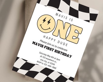 One Happy Dude First Birthday Invitation Template | Retro Smiley Face Party Invite | Digital Download