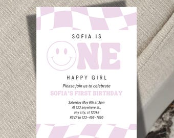 Purple One Happy Girl First Birthday Invitation | Retro Smiley Face Party Invite | Digital Download