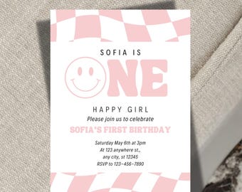 Pink One Happy Girl First Birthday Invitation | Retro Smiley Face Party Invite | Digital Download