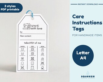 Sewn With Love--Printable PDF--Care Instructions Gift Tag--Letter / 8.5 x 11, A4
