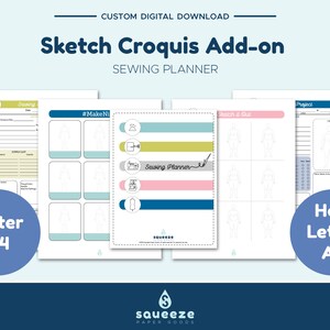 May include: A digital download for a sewing planner with a sketch croquis add-on. The planner includes pages for sewing projects, a "Make Now" list, and a "Sketch & Cut" section. The pages are in A4 and A5 sizes.