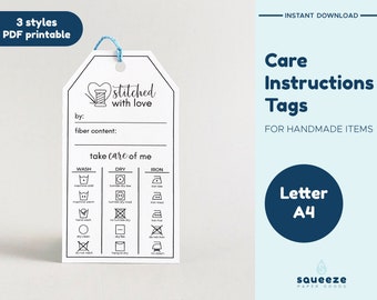 Stitched With Love--Printable PDF--Care Instructions Gift Tag--Letter / 8.5 x 11, A4