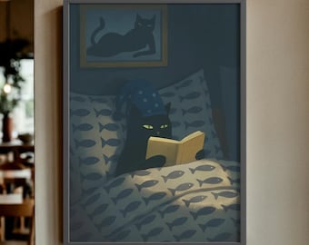 Art mural chat dans son lit, affiche de lecture confortable chat noir, cadeau pour amoureux des chats livresques, impression déco esthétique au-dessus du lit, cadeau original pour amateur de livres