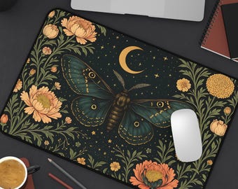 Moth Desk Mat, William Morris Style Floral Office Decor, Goth Victorian Desk Accessory, Art Nouveau Dark Cottagecore Large Mouse Pad