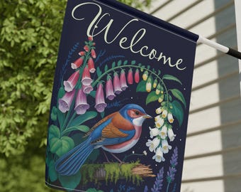 Welcome Garden Flag, Botanical Flower Welcome Sign, Bird Outdoor Yard Lawn Banner