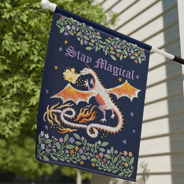 Castlecore Medieval Dragon garden flag, Embroidery House Banner, Whimsigoth Fantasy Botanical Floral Welcome Sign, Stay Magical Yard Art