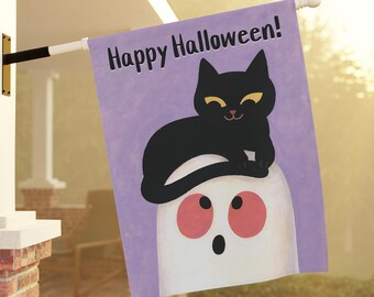 May include: A Halloween-themed flag with a purple background, featuring a black cat perched atop a white ghost. The flag reads "Happy Halloween!" in black text. The cat has yellow eyes and a smiling face. The ghost has red eyes.