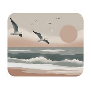 Beach Mouse Pad, coastal decor mousepad, ocean seagull wave scene, minimalist art landscape, Sun, clouds cubicle desk accessory, office gift