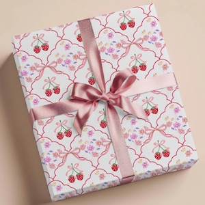 Coquette Strawberry Gift Wrap Paper Bow Decorative Floral Paper Carta da regalo Primavera Estate Frutta Compleanno Regalo Carta da regalo Rosa Preppy Fiore Regalo Carta da regalo