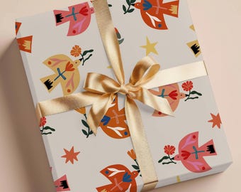 Birds Gift Wrap Paper, whimsical boho style with flowers, stars and warm earth tones, playful fun bird birthday or event wrapping paper