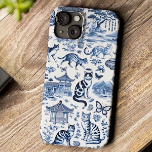 Chinoiserie Cat Phone Case for iPhone 16-8 XR XS Rococo toile Blue and White butterfly, aesthetic Asian art accessory cat lover gift for her