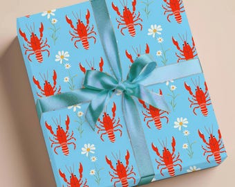 Papier cadeau homard, papier cadeau océan, papier décoratif pour célébration estivale, fête sur la plage, emballage cadeau, décoration côtière florale marine