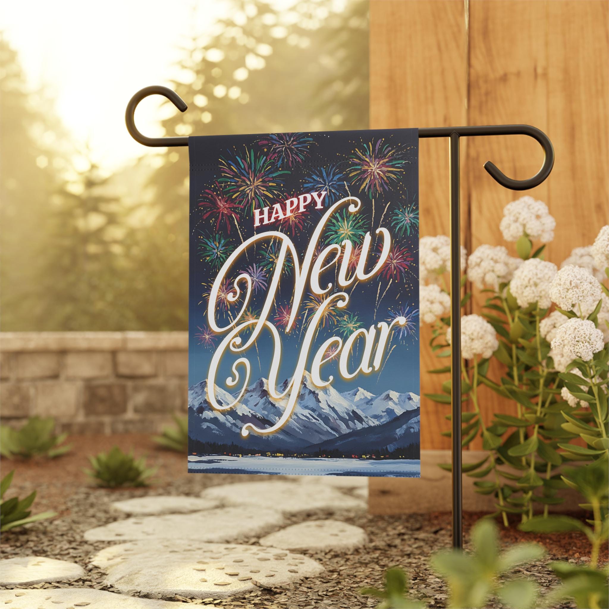 Discover Happy New Year Fireworks Mountain Scene Garden Flag