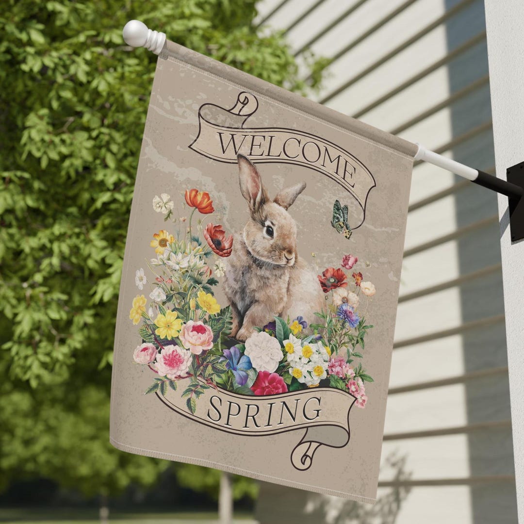 Welcome Spring Garden Banner, Rabbit Floral Yard Decor, Springtime Home ...