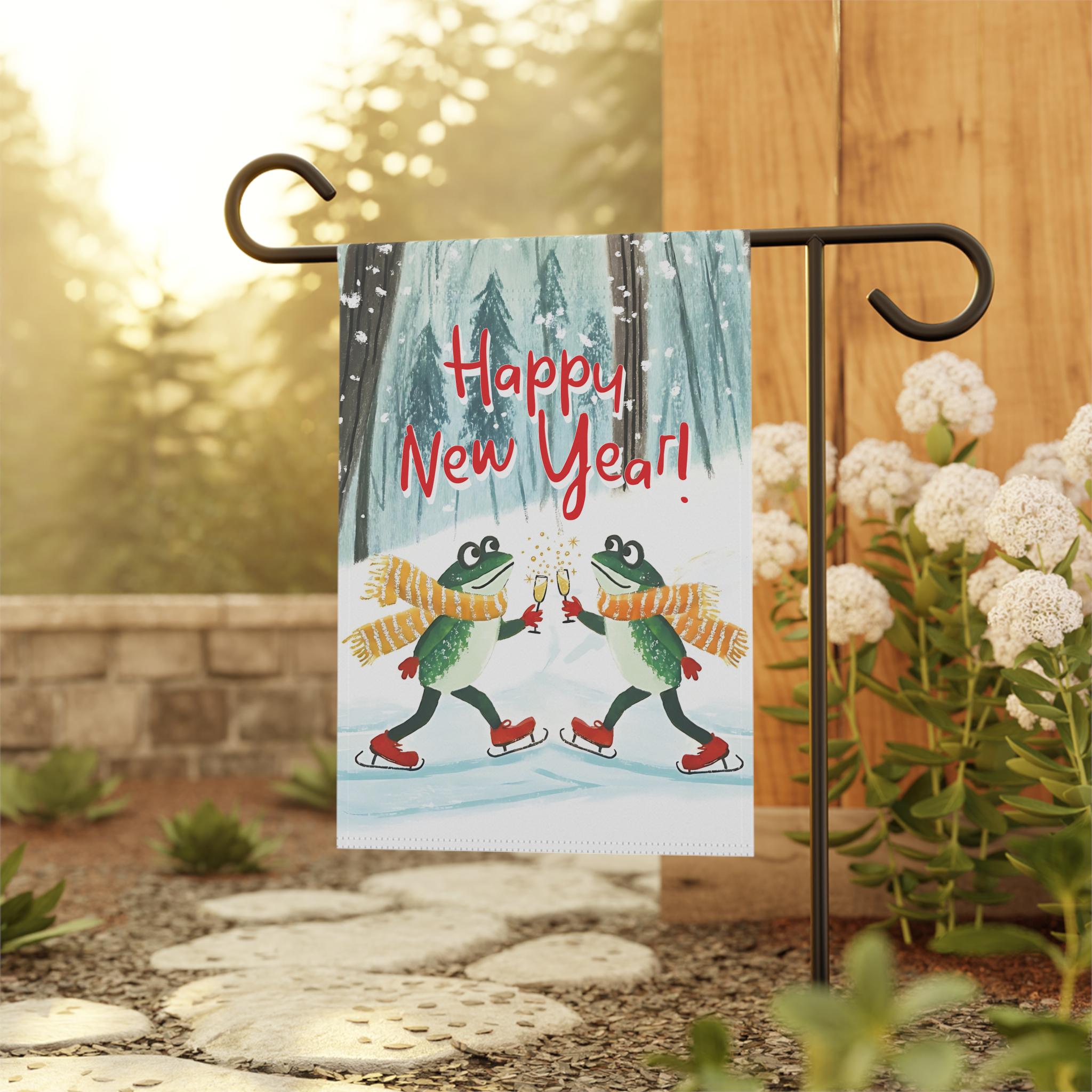 Discover Happy New Year Frog Garden Flag, Champagne Toast Holiday Flag, Whimsical Winter Welcome Flag
